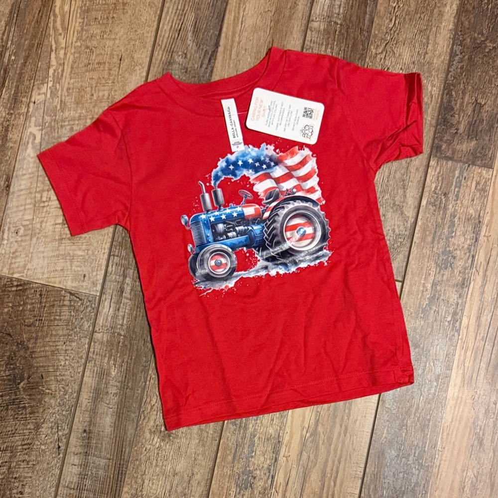 Kids Red T-Shirt with American Flag Tractor Graphic